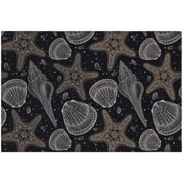 Close-up of Dalyn Seabreeze SZ4 Black Washable Area Rug. Coastal style with starfish and seashell pattern in black, ivory, and taupe.