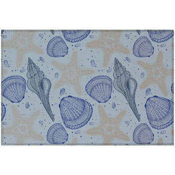 Close-up of Dalyn Seabreeze SZ4 Sky Washable Area Rug with beige starfish and blue seashell pattern. Coastal style.
