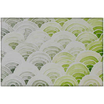 Close-up of Dalyn Seabreeze SZ5 Lime-In rug. Features a coastal-inspired wave pattern in shades of lime green, off-white, and taupe.