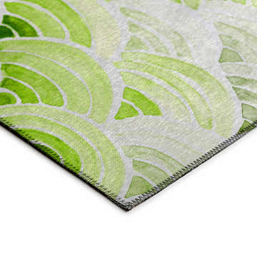 Close-up of Dalyn Seabreeze SZ5 Lime-In Washable Area Rug. Features a green wave pattern on an off-white background. Coastal style.