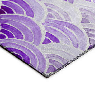 Close-up of Dalyn Seabreeze SZ5 Violet Washable Area Rug, featuring a purple wave pattern on off-white polyester.