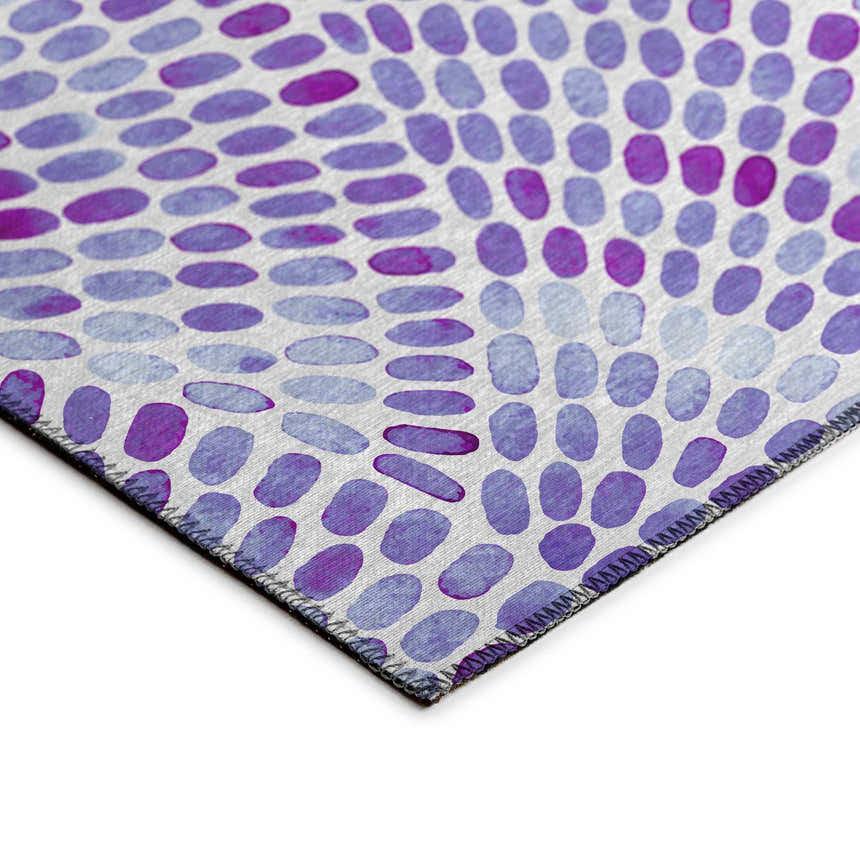 Close up of Dalyn Seabreeze SZ7 Lavender Washable Area Rug; purple, magenta, and light purple oval pattern.