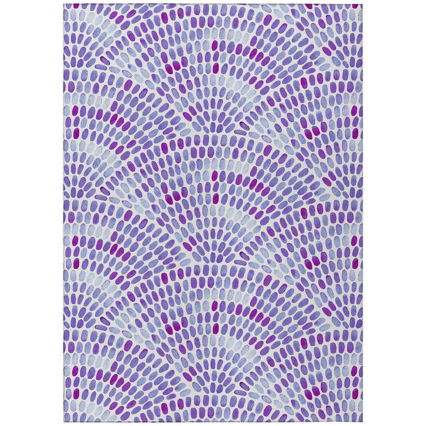 Dalyn Seabreeze Lavender Washable Area Rug close-up. Purple, light purple, and magenta oval pattern. Coastal style.