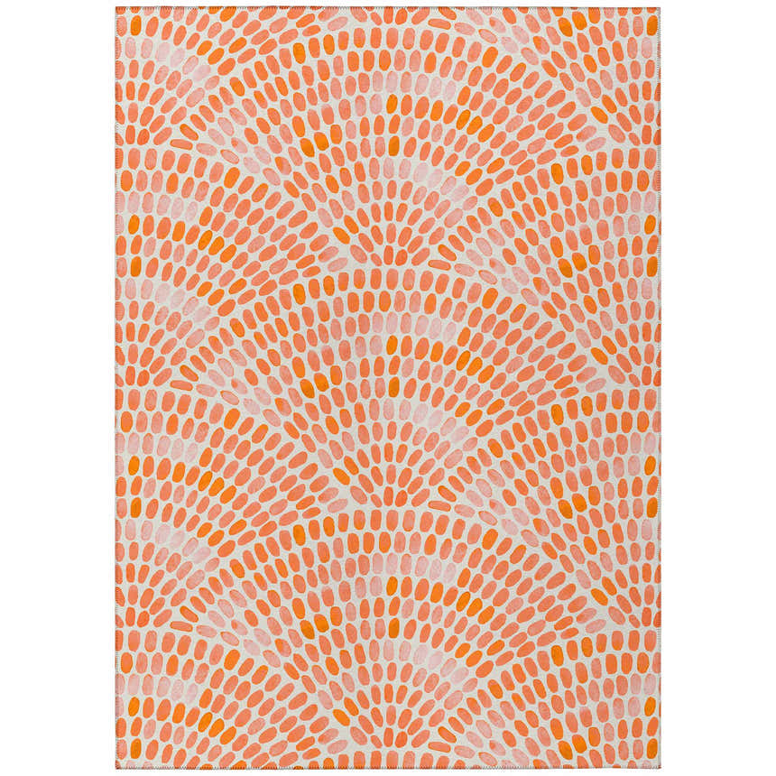Close-up of Dalyn Seabreeze SZ7 Salmon Washable Area Rug with orange and peach oval pattern.