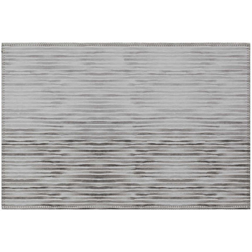 Close-up of the Dalyn Seabreeze SZ8 Pewter Washable Area Rug featuring a horizontal stripe pattern in gray and taupe.