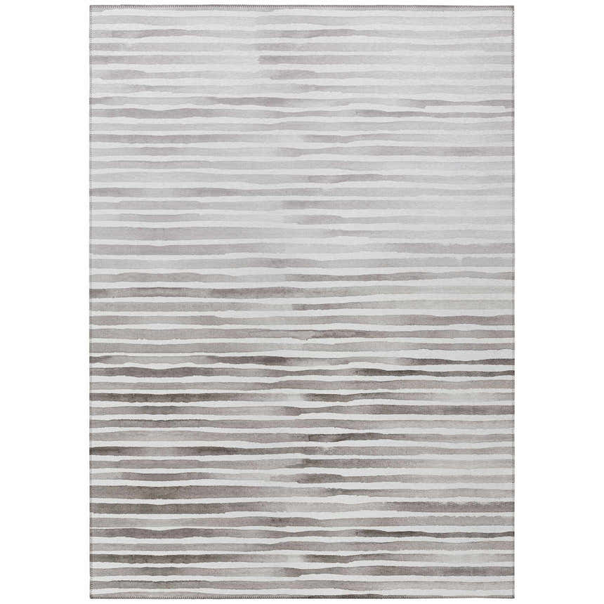 Dalyn Seabreeze Pewter Washable Area Rug with horizontal stripes in chestnut, medium gray, and taupe.