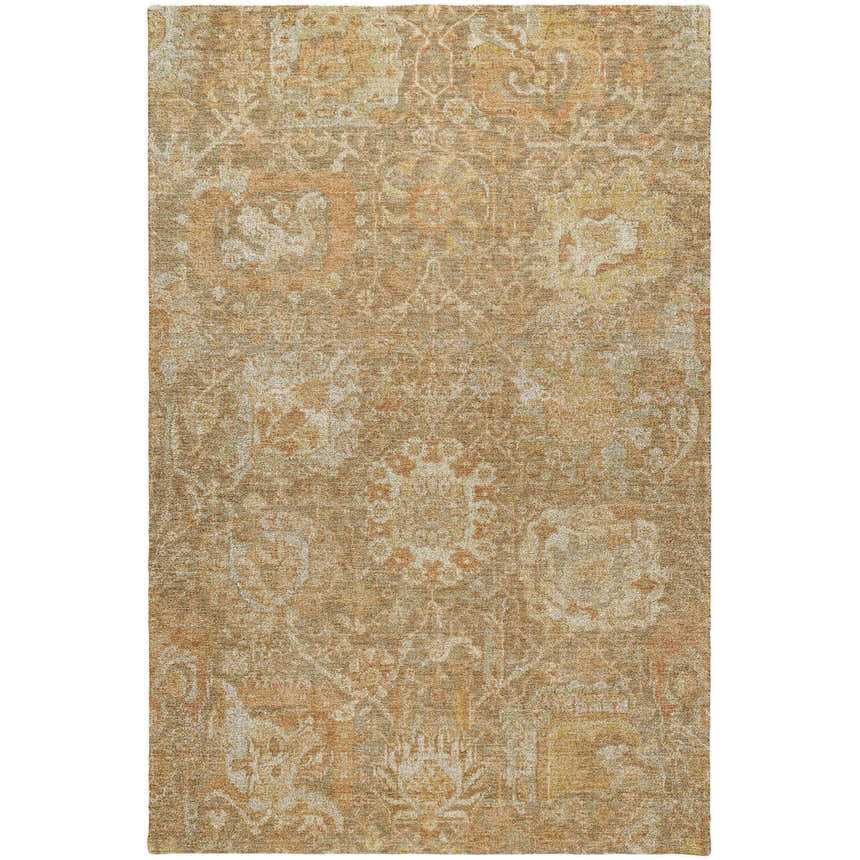 Close-up of the Dalyn Luxury Indoor/Outdoor Tabrook TB10 Khaki Area Rug. Beige, tan, and brown traditional floral pattern.