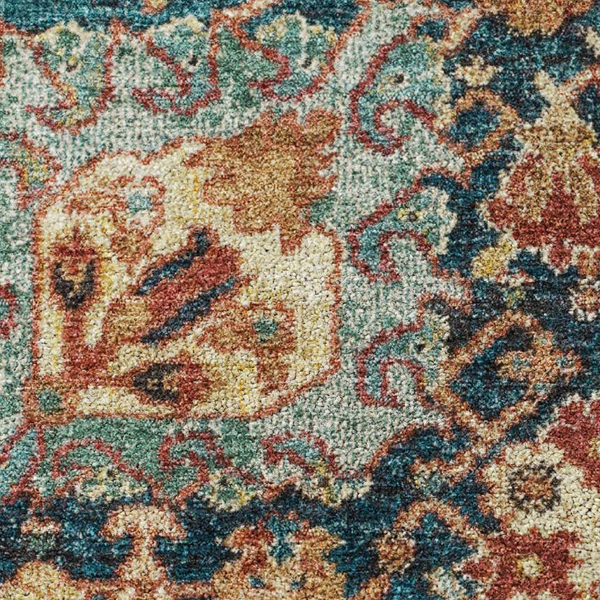 Close-up of Dalyn Luxury Tabrook TB10 Navy Area Rug showing traditional floral pattern and texture in beige, coral, teal, and navy.