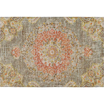 Close-up of Dalyn Luxury Indoor/Outdoor Tabrook TB11 Brown Area Rug. Features coral, gold, and brown traditional pattern.