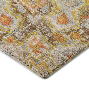 Close up of the Dalyn Luxury Tabrook TB11 Brown Area Rug, featuring coral, gold, and brown farmhouse style design.