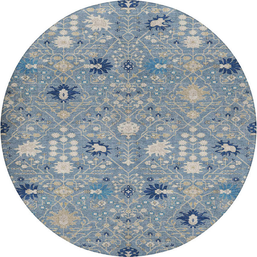 Close-up of round Dalyn Luxury Tabrook TB12 Denim Area Rug. Features a traditional floral pattern in denim, beige, and navy.
