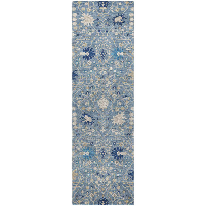 Close-up of the Dalyn Luxury Indoor/Outdoor Tabrook TB12 Denim Area Rug with a traditional floral pattern in denim, beige, and navy.