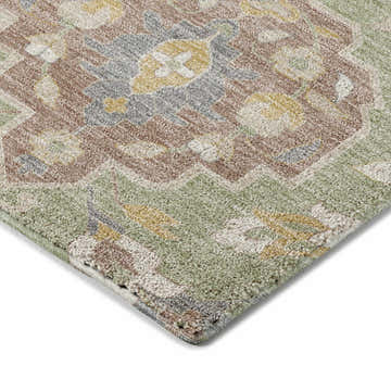 Close up of the textured Dalyn Luxury Tabrook TB4 Aloe Area Rug with aloe, beige, brown, and gold floral pattern.