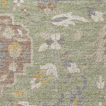 Close-up of the Dalyn Luxury Tabrook TB4 Aloe Area Rug, showing its aloe, beige, and brown floral pattern and textured weave.