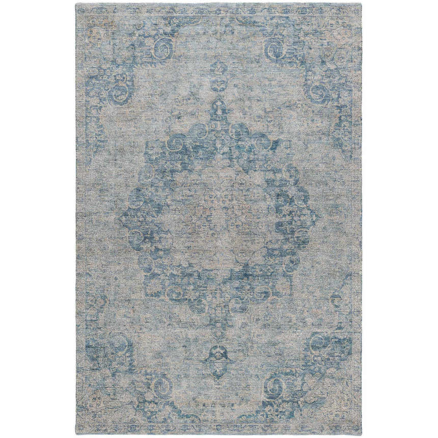Close-up of the Dalyn Luxury Tabrook TB5 Blue Area Rug. Beige, light blue, and gray traditional floral pattern.