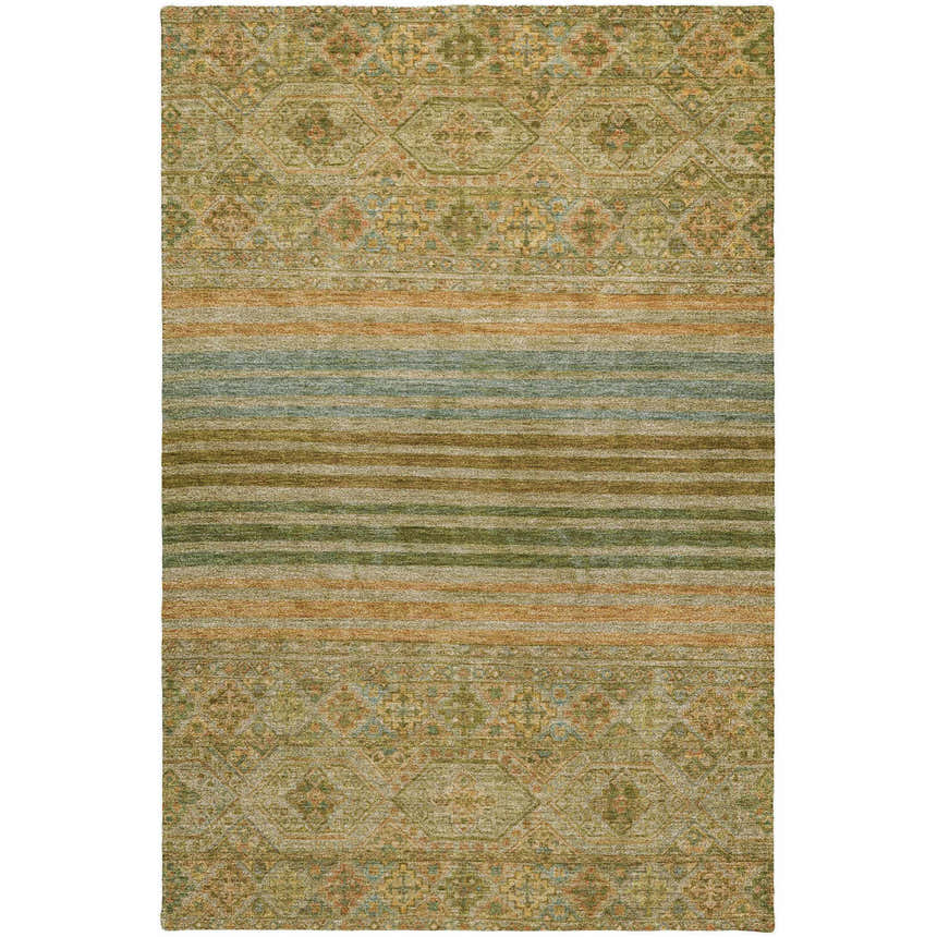 Close-up of the Dalyn Luxury Tabrook TB7 Aloe Area Rug, featuring aloe, beige, and blue tones with a traditional pattern.