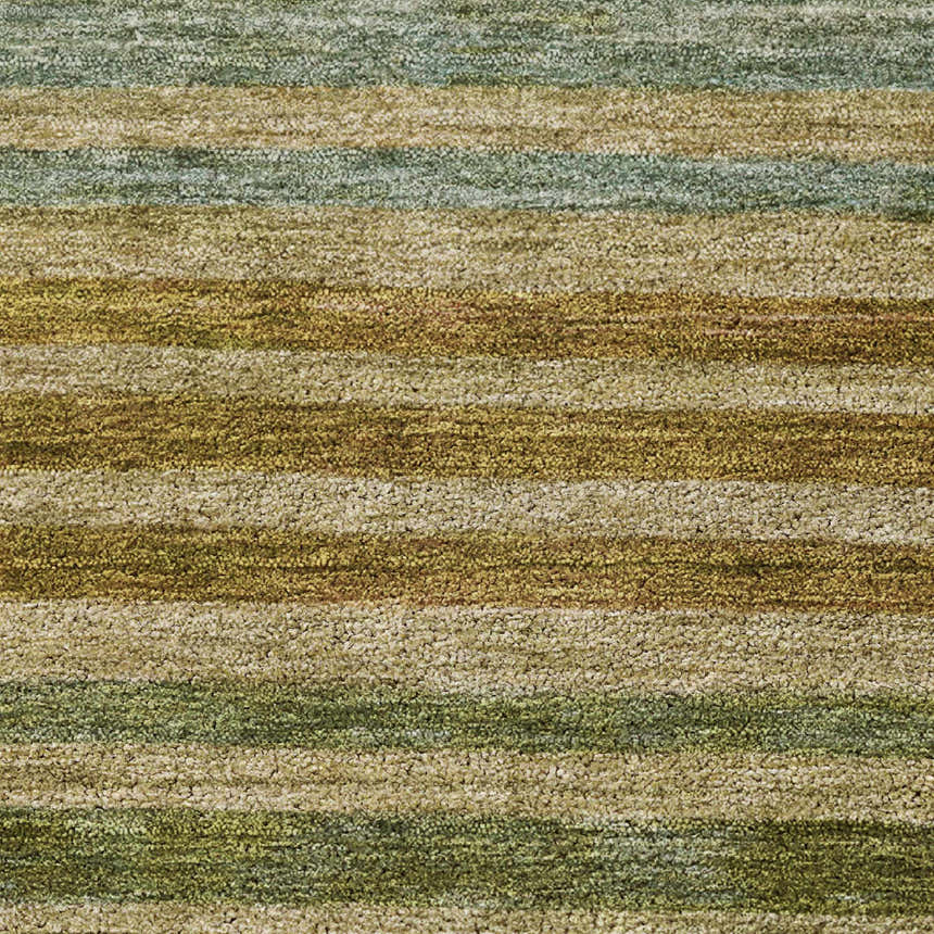 Close-up of Dalyn Luxury Tabrook TB7 Aloe Area Rug. Features stripes in aloe, beige, burnt, light blue, and olive.