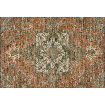 Close-up of the Dalyn Luxury Indoor/Outdoor Tabrook TB9 Rust Area Rug featuring a traditional burnt, green, and chestnut pattern.