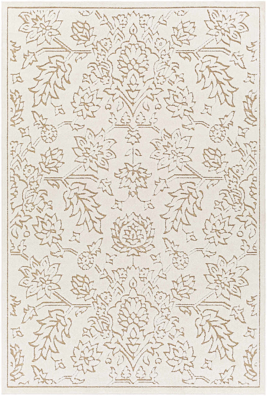 Close-up of the Tabuan 3D Outdoor Area Rug. White thatch rug with a light peach and nutmeg floral pattern. Design-Rectangle-5373