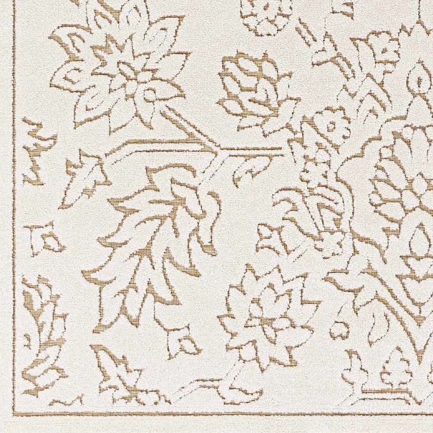 Close up of the Tabuan 3D Outdoor Area Rug. White thatch rug with a nutmeg floral pattern and a subtle 3D texture. Swatch