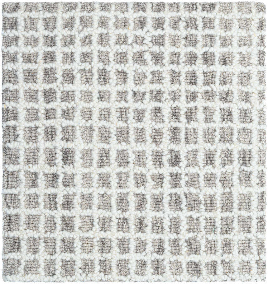 Close-up of the Andreas Handmade Vivir x LIVABLISS VVAN-2302 Area Rug, showing its ash, dove gray, and ivory geometric pattern. Texture