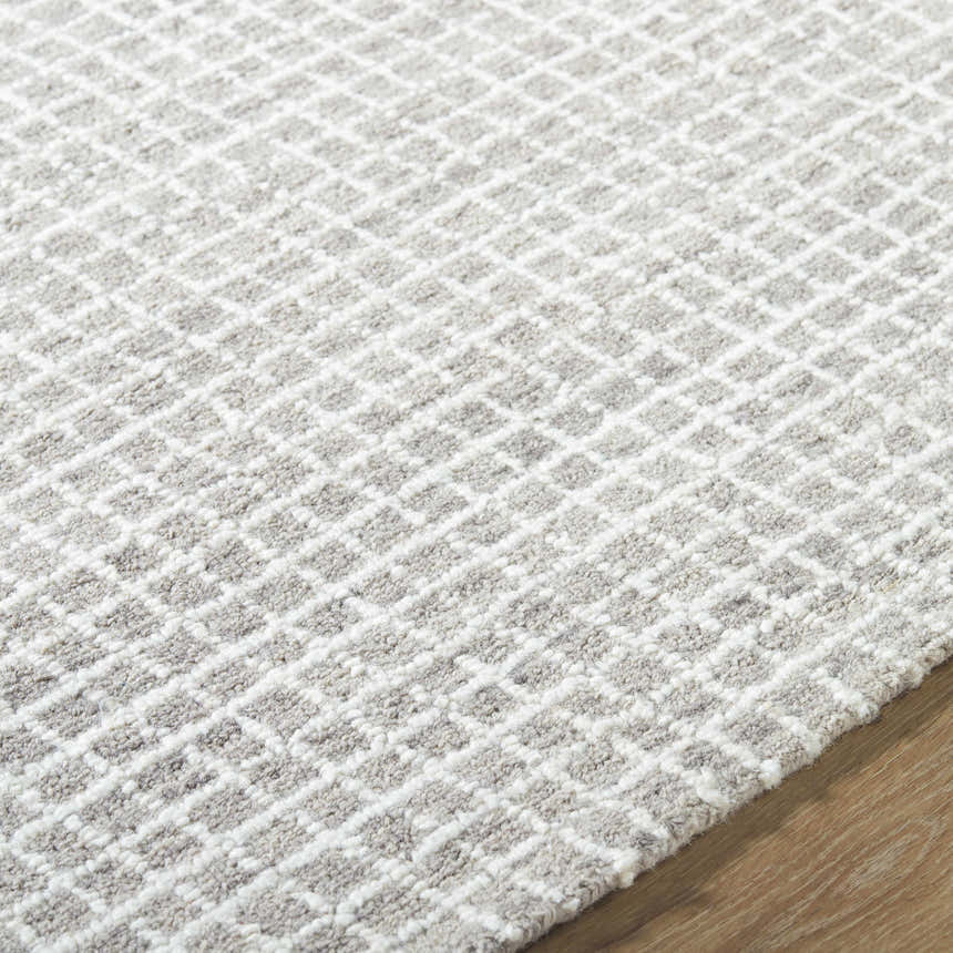 Close-up of the Andreas Handmade Vivir x LIVABLISS VVAN-2302 Area Rug. Ash, dove gray, and ivory wool with a textured grid pattern. Texture