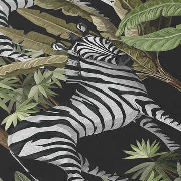 Close-up of Dalyn Tropics TC13 Black Washable Area Rug featuring a zebra and tropical leaves design.