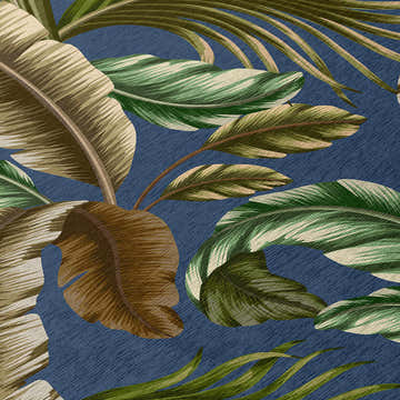 Close-up of Dalyn Tropics TC1 Indigo Washable Area Rug featuring aloe, beige, and brown tropical leaf pattern.