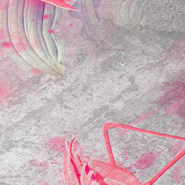 Close-up of Dalyn Tropics TC2 Silver Washable Area Rug. Tropical design with pink flamingo and floral accents on a silver gray background.
