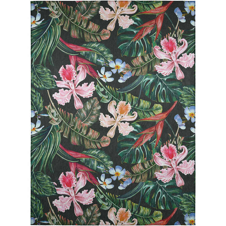 Close-up of Dalyn Tropics TC6 Black Washable Area Rug. Features a tropical floral pattern with pink, green, and blue hues.