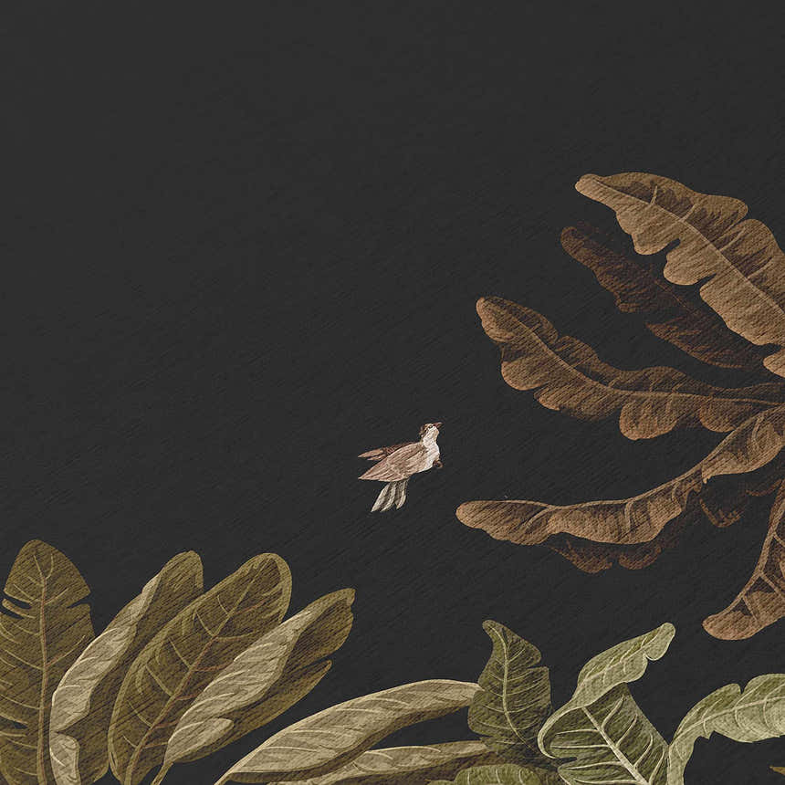 Close-up of Dalyn Tropics TC8 Black Washable Area Rug. Features a tropical leaf and bird pattern in aloe, beige, and brown tones.