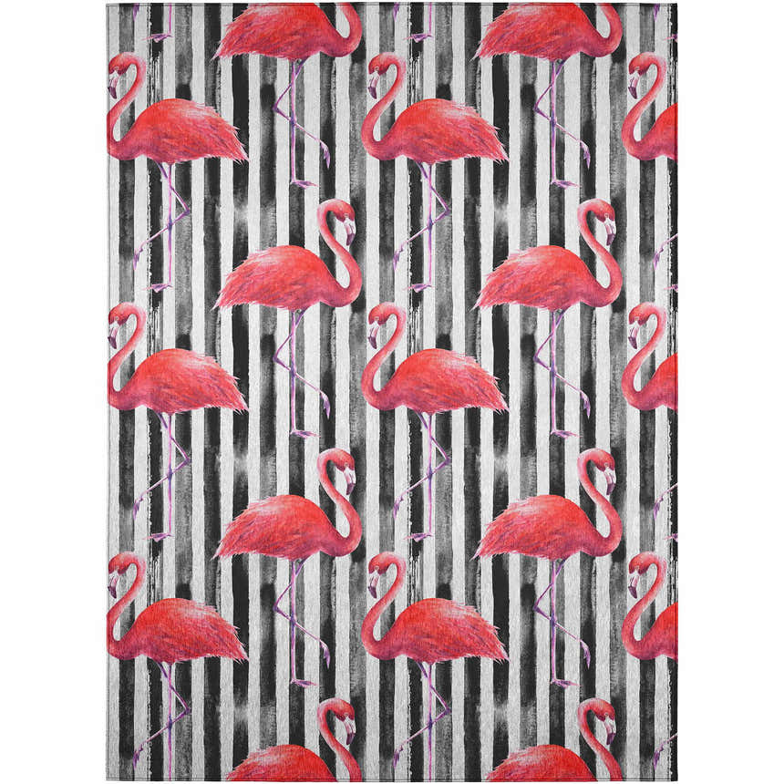 Dalyn Tropics TC9 Black Washable Area Rug featuring a pink flamingo pattern on a black and white striped background.