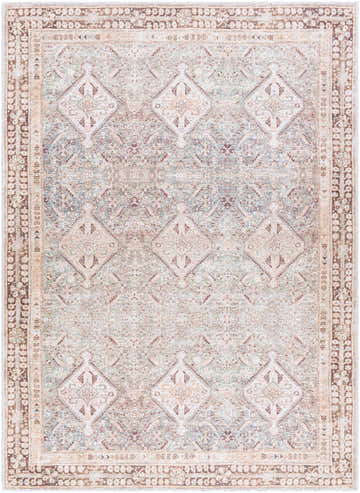 Detailed view of the Tzila Washable Area Rug, a traditional rug with beige, cream, and sage diamond patterns. Design-Rectangle-5373