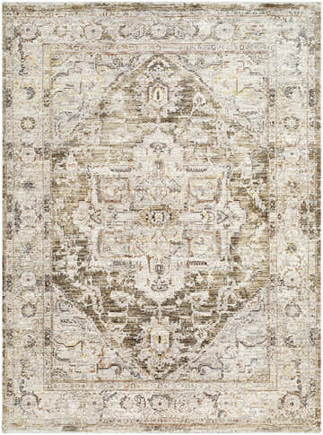 Close-up of the Avelyn Area Rug. Cream rug with dark brown, red, and gray traditional farmhouse pattern. Design-Rectangle-576