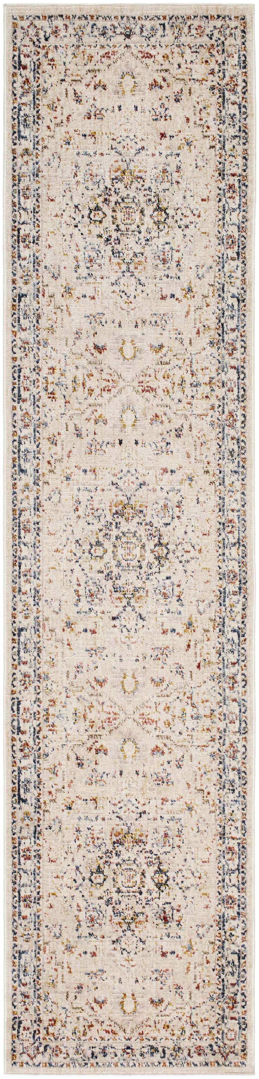 Close-up of the Teva Traditional Style Rug. Beige rug with faded driftwood, garnet, lambswool, and taupe traditional pattern. Design-Runner-239