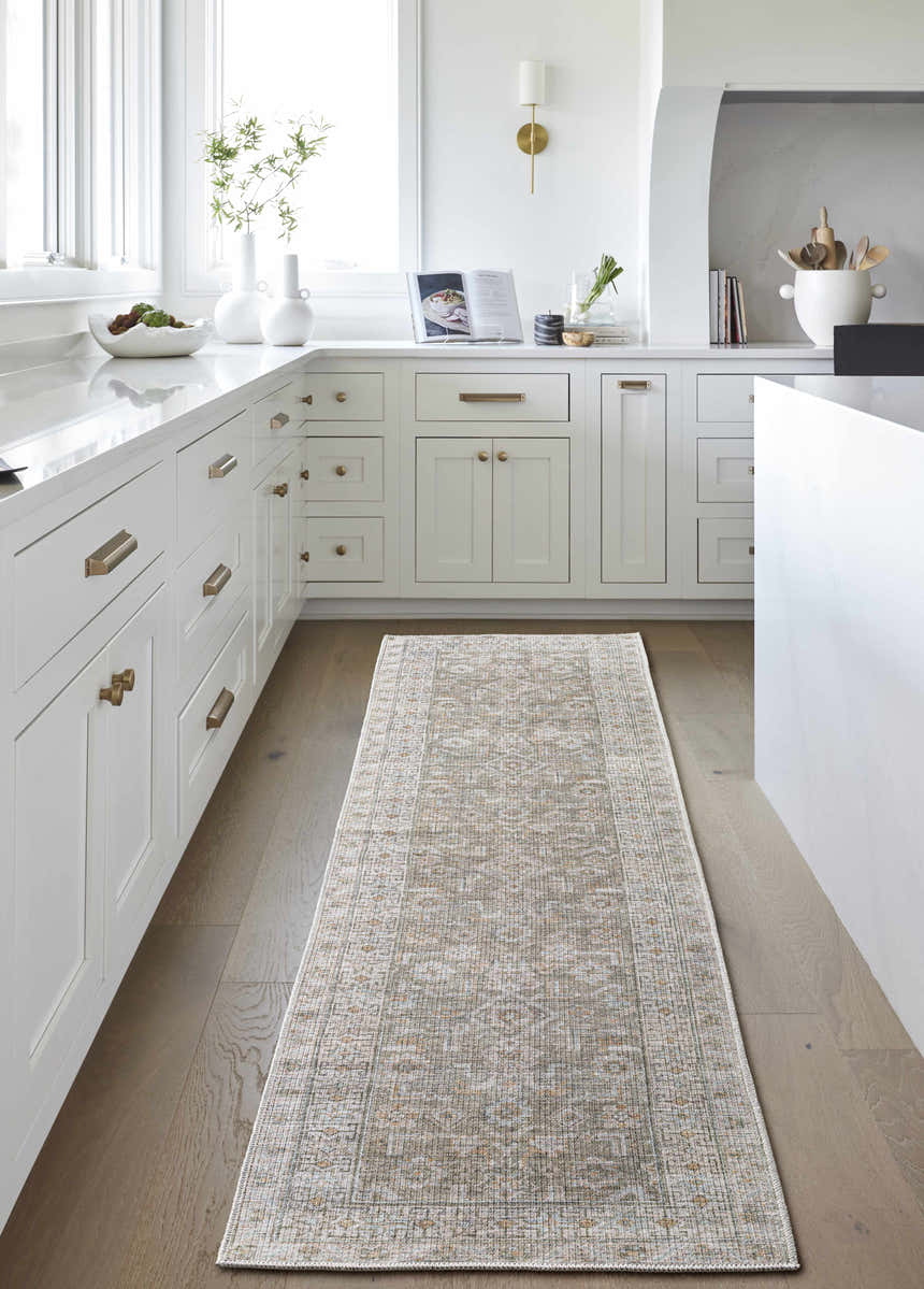 Farmhouse kitchen with a Tisha Washable Area Rug runner in gray, silver, and tan colors. Roomscene-Runner