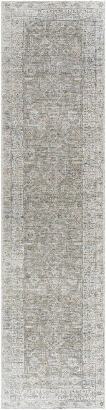 Close-up of the Tisha Washable Area Rug. Farmhouse style runner rug in gray, light silver, and tan with a traditional pattern. Design-Runner-2710
