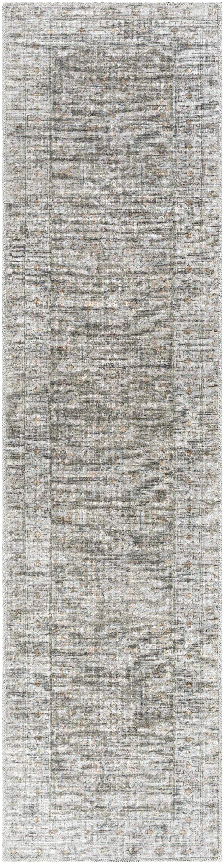 Close-up of the Tisha Washable Area Rug. Farmhouse style runner rug in gray, light silver, and tan with a traditional pattern. Design-Runner-2710