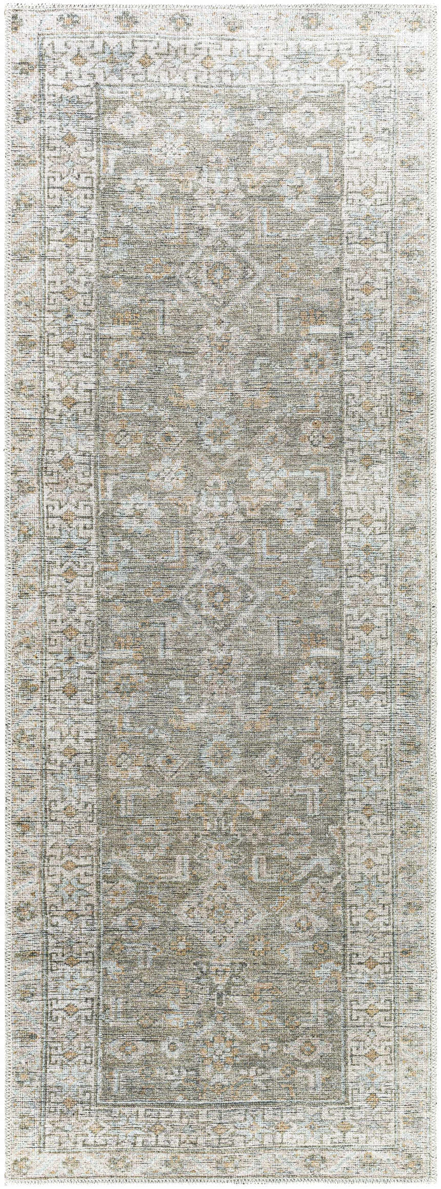 Close-up of the Tisha Washable Area Rug, a traditional runner rug in gray, tan, and silver with a farmhouse-style geometric pattern. Design-Runner-2773