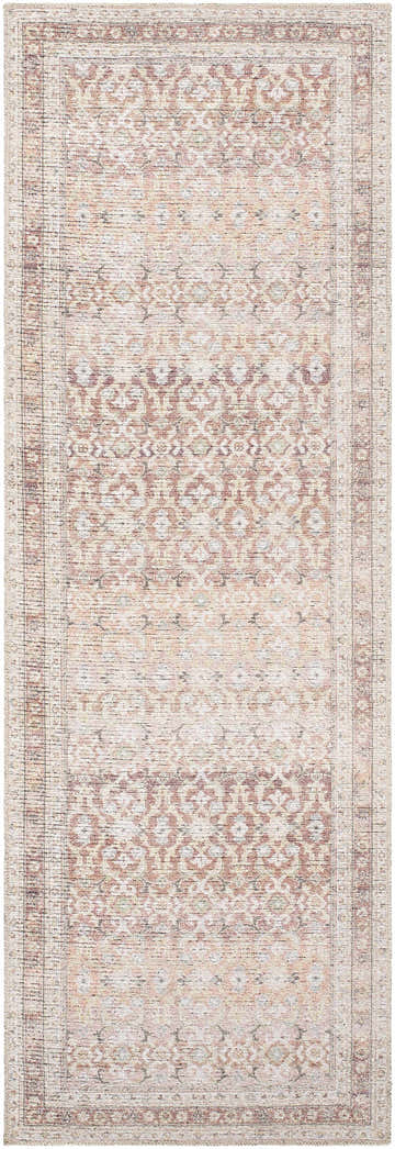 Close-up of the Tosca Washable Area Rug. Beige, cream, and dark red traditional pattern with a farmhouse style. Design-Runner-27710
