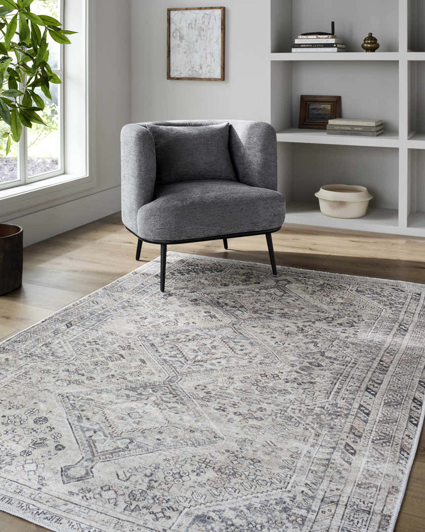 Living room scene with gray chair on Trula Washable Area Rug Vivir x Livabliss in beige and light gray. Farmhouse style. Roomscene-Rectangle