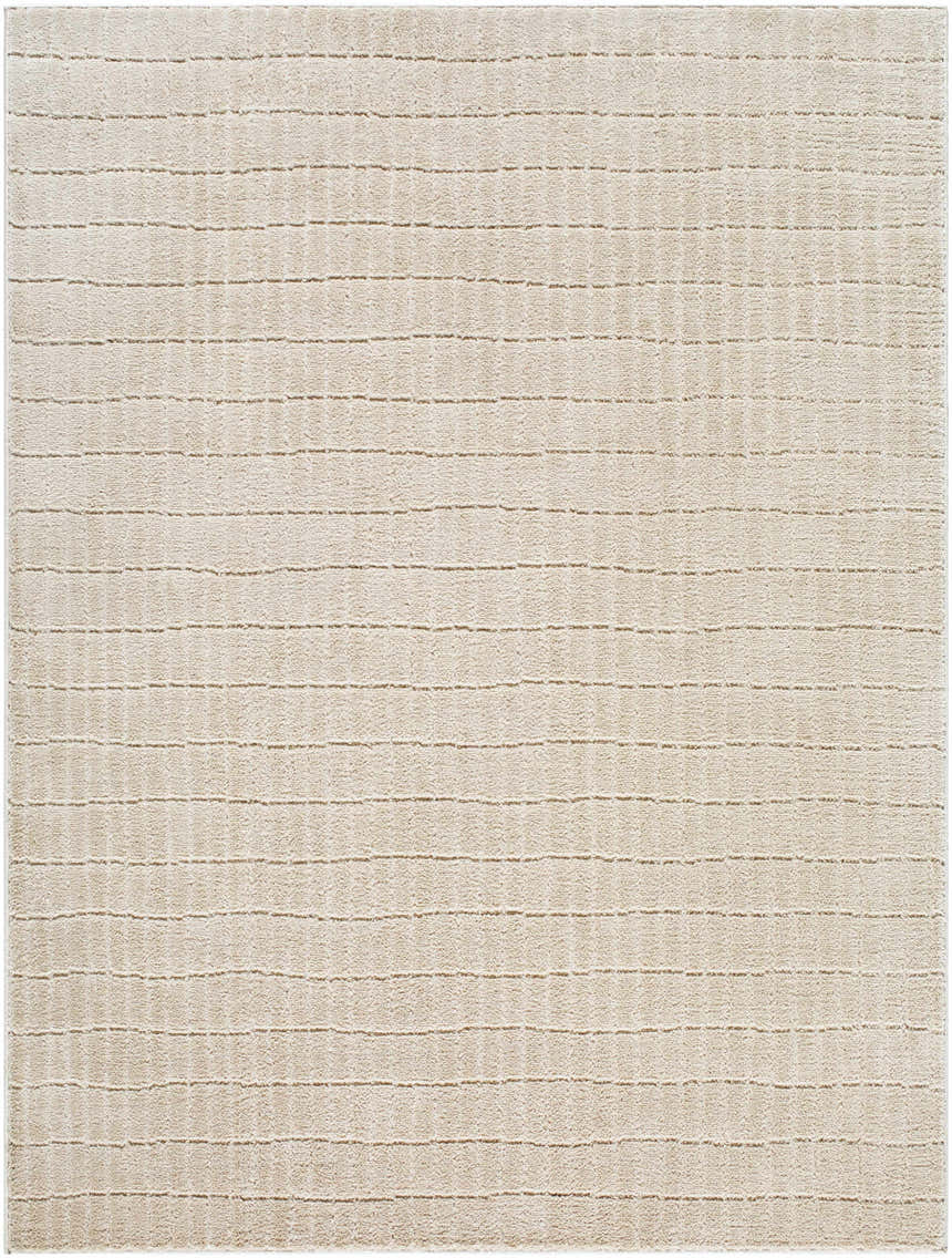 Close-up of Cascade Machine Woven PNW Home x LIVABLISS PNWCS-2306 Area Rug. Beige rug with subtle, light brown horizontal stripes. Design-Rectangle-537