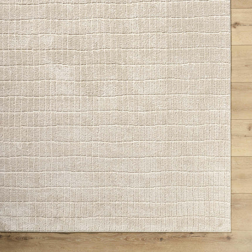 Close-up of the Cascade Machine Woven PNW Home x LIVABLISS PNWCS-2306 Area Rug. Beige rug with a subtle, textured grid pattern. Corner