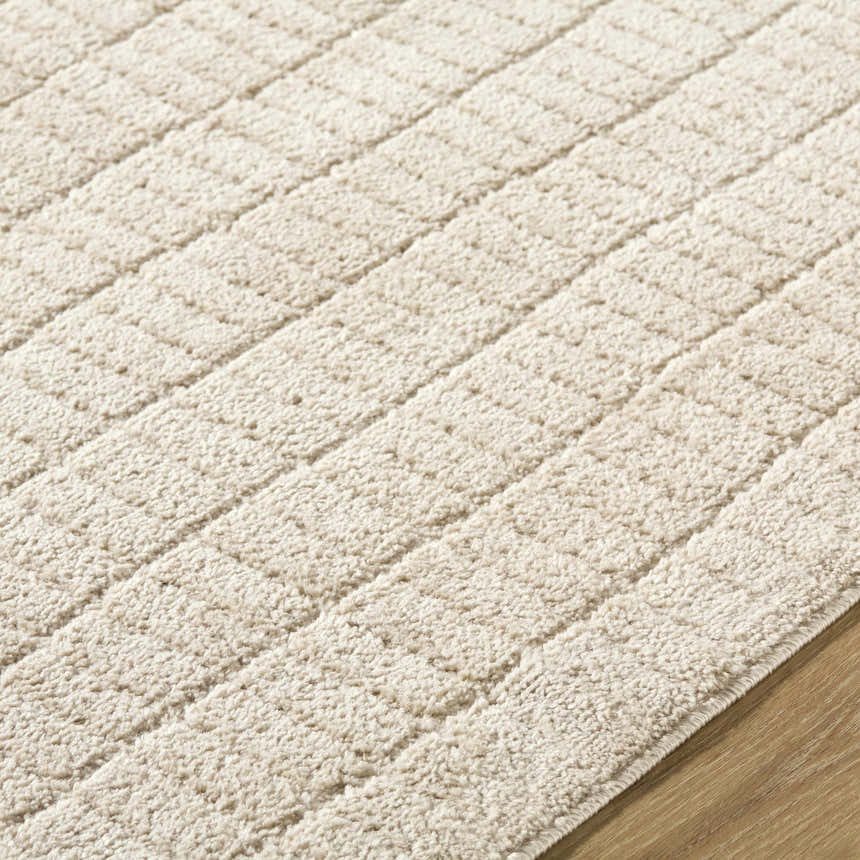 Close up of the beige Cascade Machine Woven Our PNW Home x LIVABLISS rug, showing its textured, linear design. Texture