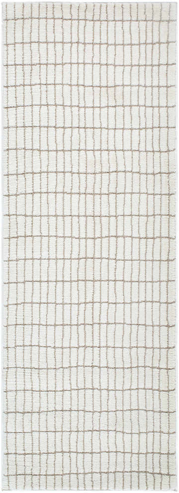 Close-up of Cascade White Area Rug. Ivory polyester rug with a taupe grid pattern. Farmhouse style, machine woven texture. Design-Runner-273