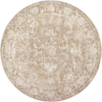 Close-up of the round Tylie Tan Area Rug. Cream, light brown, and olive tones create a traditional, farmhouse-style design. Design-Round-53