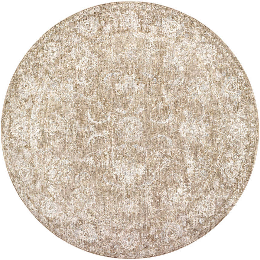 Close-up of the round Tylie Tan Area Rug. Cream, light brown, and olive tones create a traditional, farmhouse-style design. Design-Round-53
