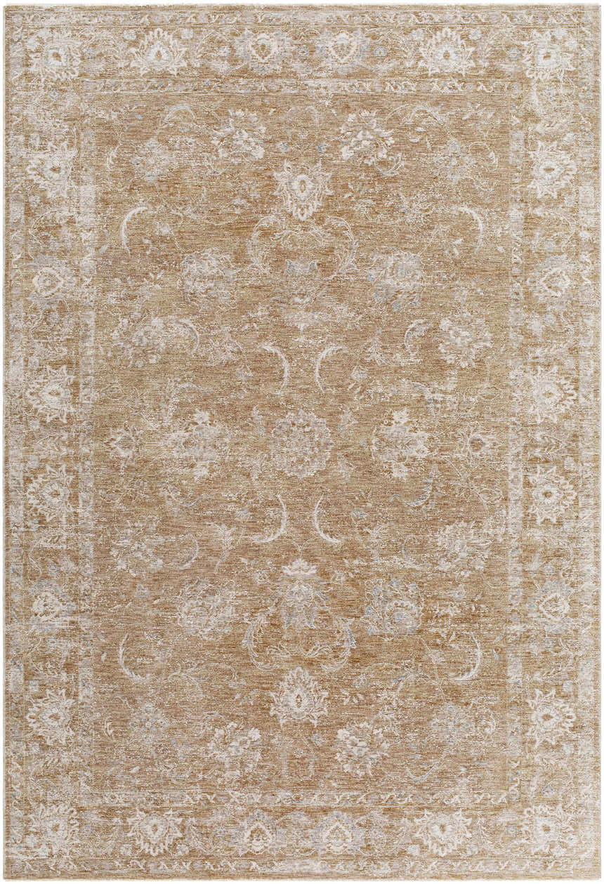 Close-up of the Tylie Tan Area Rug. Cream and tan floral pattern with an olive and light brown border. Design-Rectangle-6796