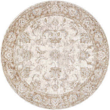 Close-up of the round Tylie Blue Area Rug. Cream rug with light brown, tan, and blue traditional floral pattern. Design-Round-53