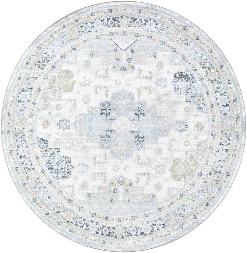 Close-up of the round Tana Washable Area Rug in Arctic Stone, featuring a traditional, faded medallion pattern. Design-Round-67